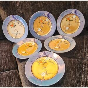 6 Vintage Made in Japan Lusterware Bird Floral Plates Hand Painted Pastel 7"